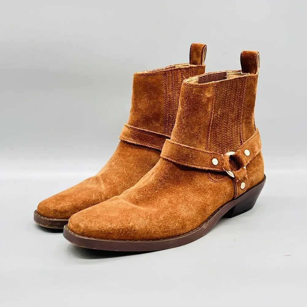 Madewell Boots Womens 7.5 Brown Suede Western Harness Ankle Low Heel Shoes